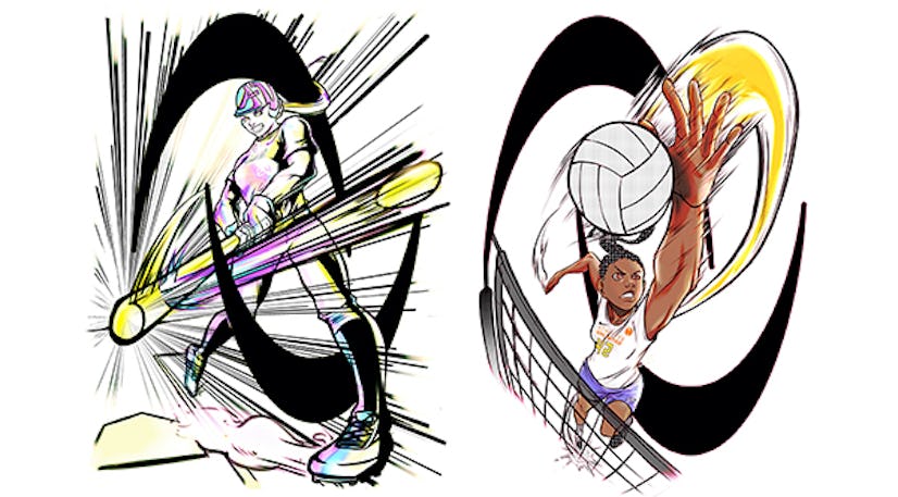 The batter and the volleyball player from Cameron Gipson's designs for Athletes Unlimited.
