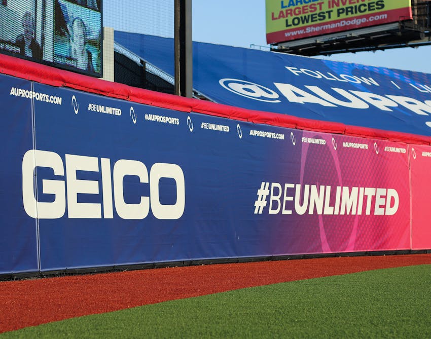 Geico signage in the outfield at Parkway Bank Sports Complex.