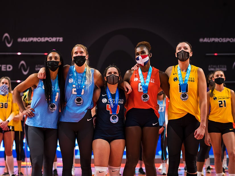 Athletes Unlimited Volleyball Season 1 Winners: Aury Cruz, Brie King, Nomaris Vélez Agosto, Bethania De la Cruz, and Jordan Larson