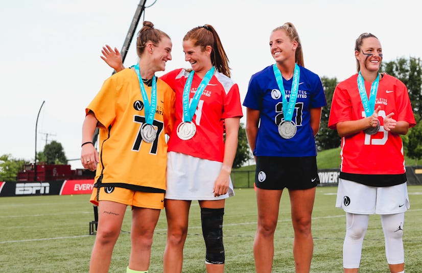 Athletes Unlimited Lacrosse medalists celebrate at the closing ceremony