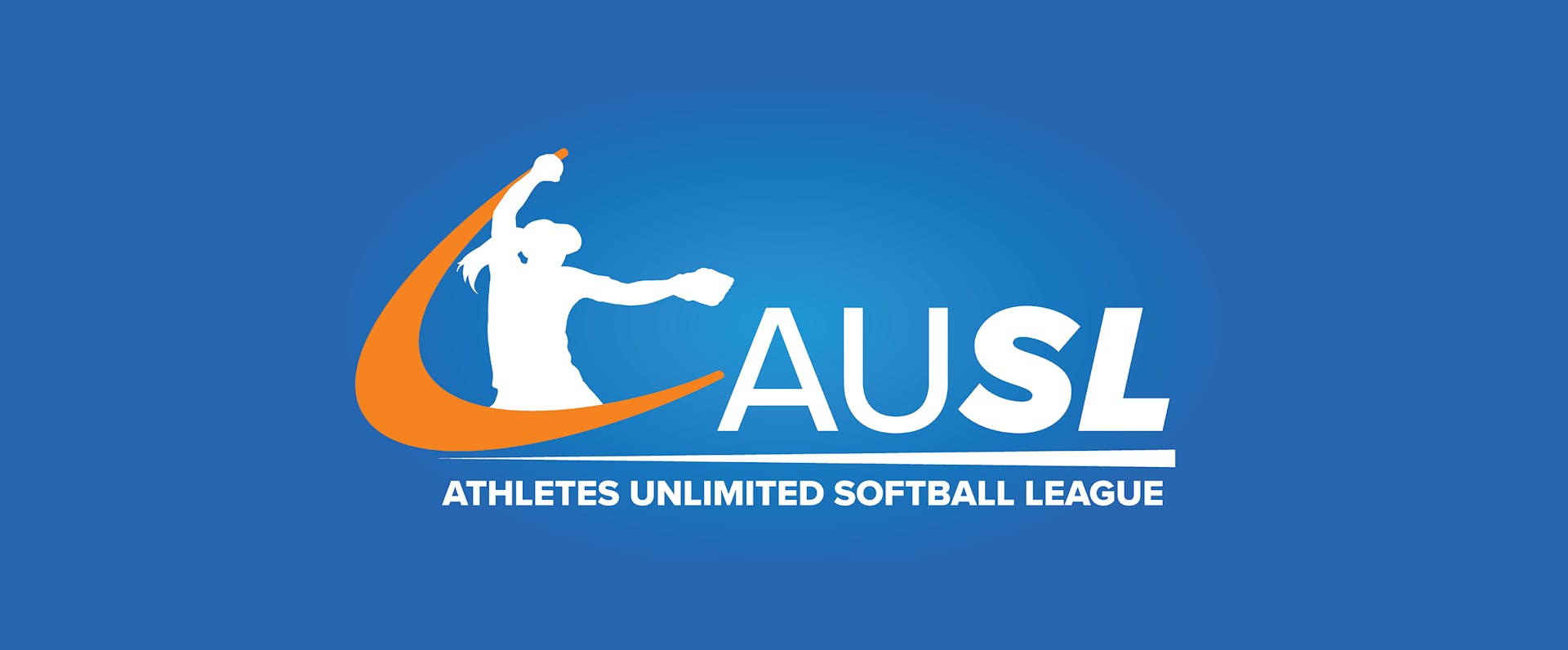Silhouette of a softball pitcher in the windmill motion with an orange swoosh mark and the letters A, U, S, L on a blue background and Athletes Unlimited Softball League written underneath.