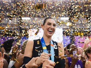 Brittany Abercrombie celebrates winning the AU Pro Volleyball title