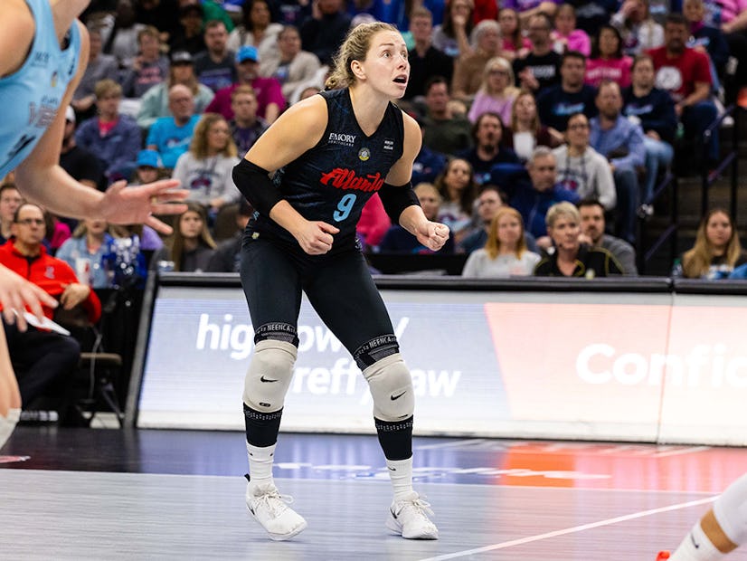 Morgan Hentz #9 of the Atlanta Vibe watches a play against the Omaha Supernovas during a Pro Volleyball Federation match held at CHI Health Center Omaha, Jan. 10, 2025 in Omaha, Nebraska.