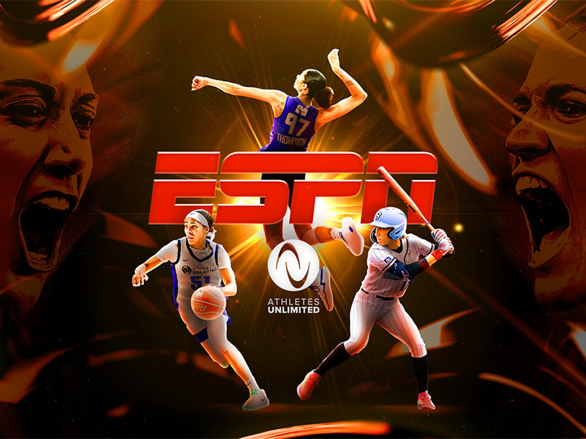 Graphic featuring ESPN and Athletes Unlimited logo in the center with Molly McCage and Montana Fouts cheering in the background and the following athletes in the front: Sydney Colson dribbling ball, Skylar Wallace at bat, and Jordan Thompson jumping about to hit volleyball